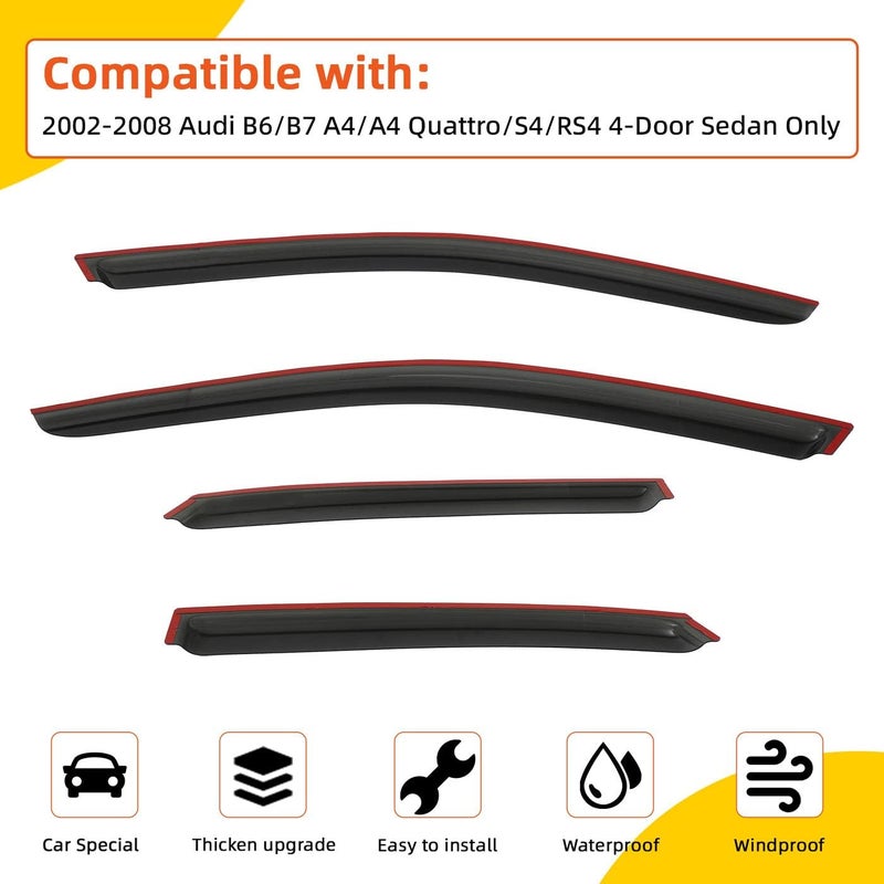 PLDDE Rain Guards Compatible with 2002-2008 Audi B6/B7 A4/A4 Quattro/S4/RS4 4-Door Sedan Tape-On Side Window Visor Wind Deflector Vent Visors Car Accessories - Image 2